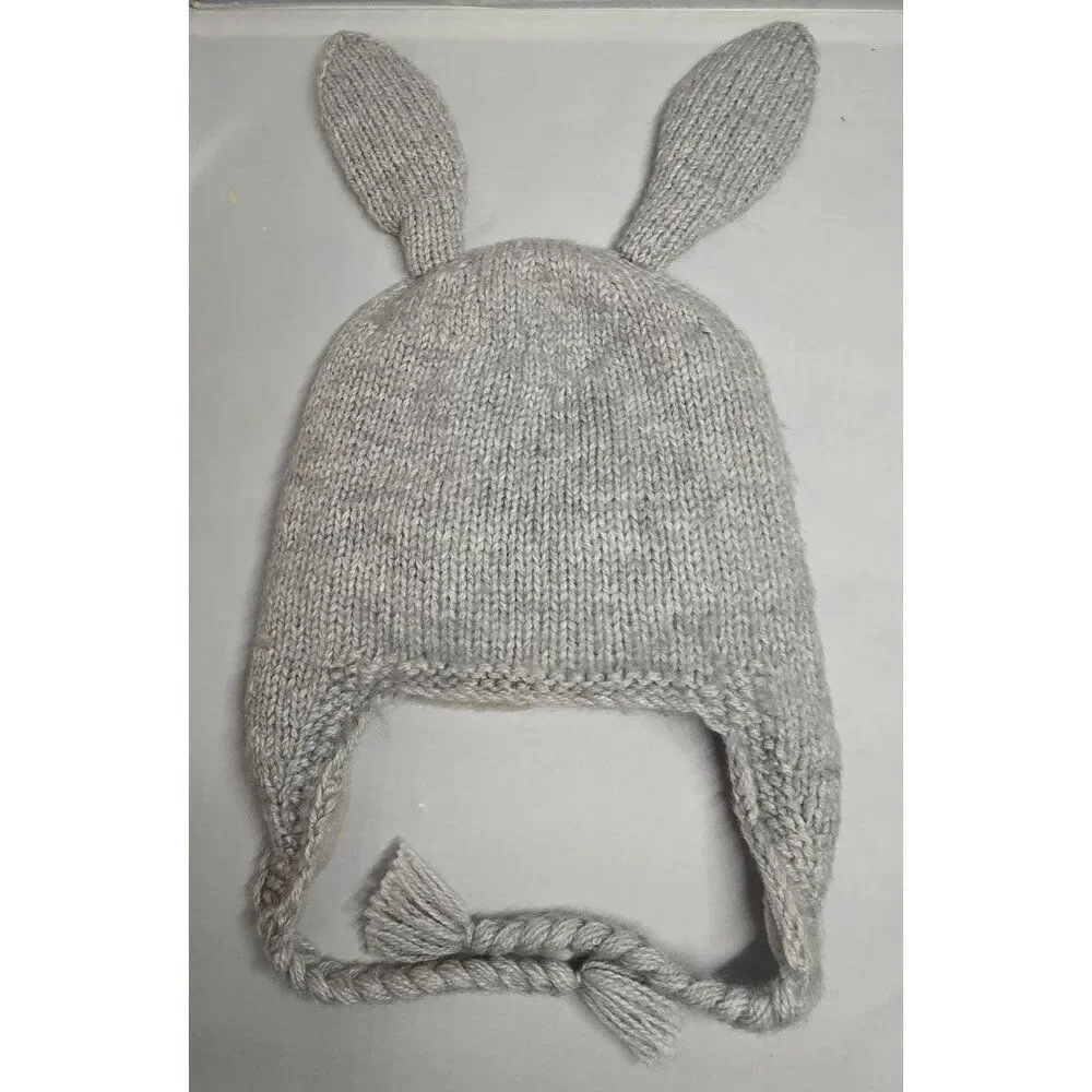 Hand-Knit Bunny Ear Baby Hat By Andes 40% Alpaca 60% Acrylic Soft Gray Pink